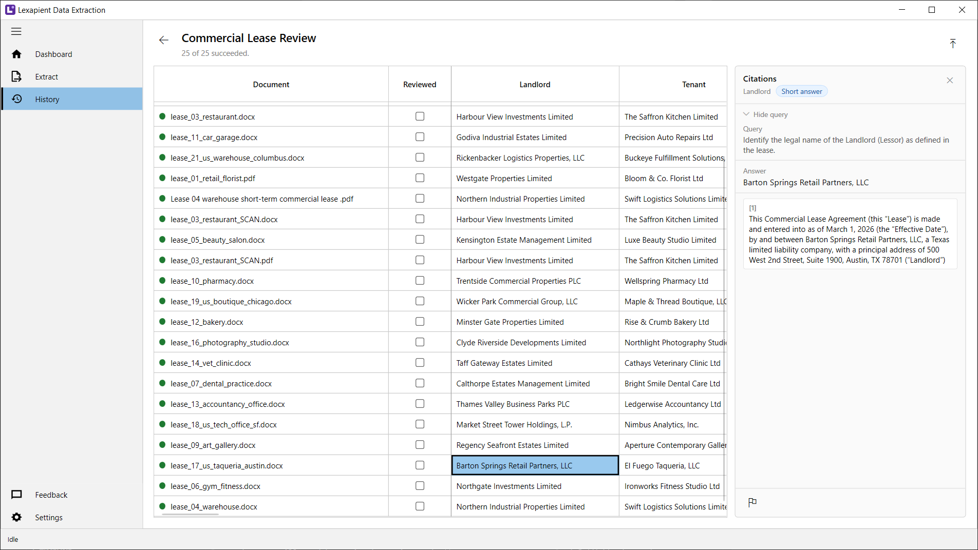 The Lexapient results grid after a batch of nine commercial leases. Each row is a document, each column an extracted field, and the panel on the right shows the verbatim passage the selected answer was taken from.